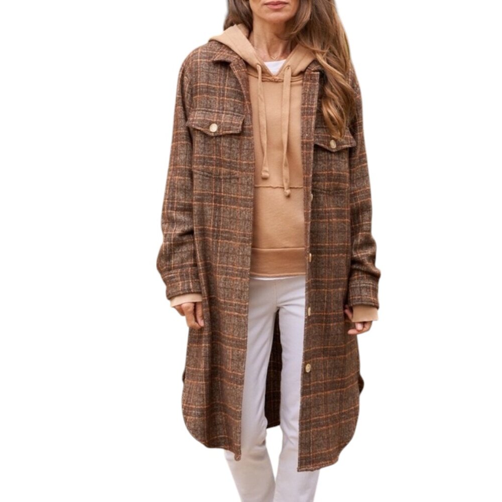 Frank & Eileen Gavin Long Shirt Jacket, Wool, Brown Orange Plaid, XS